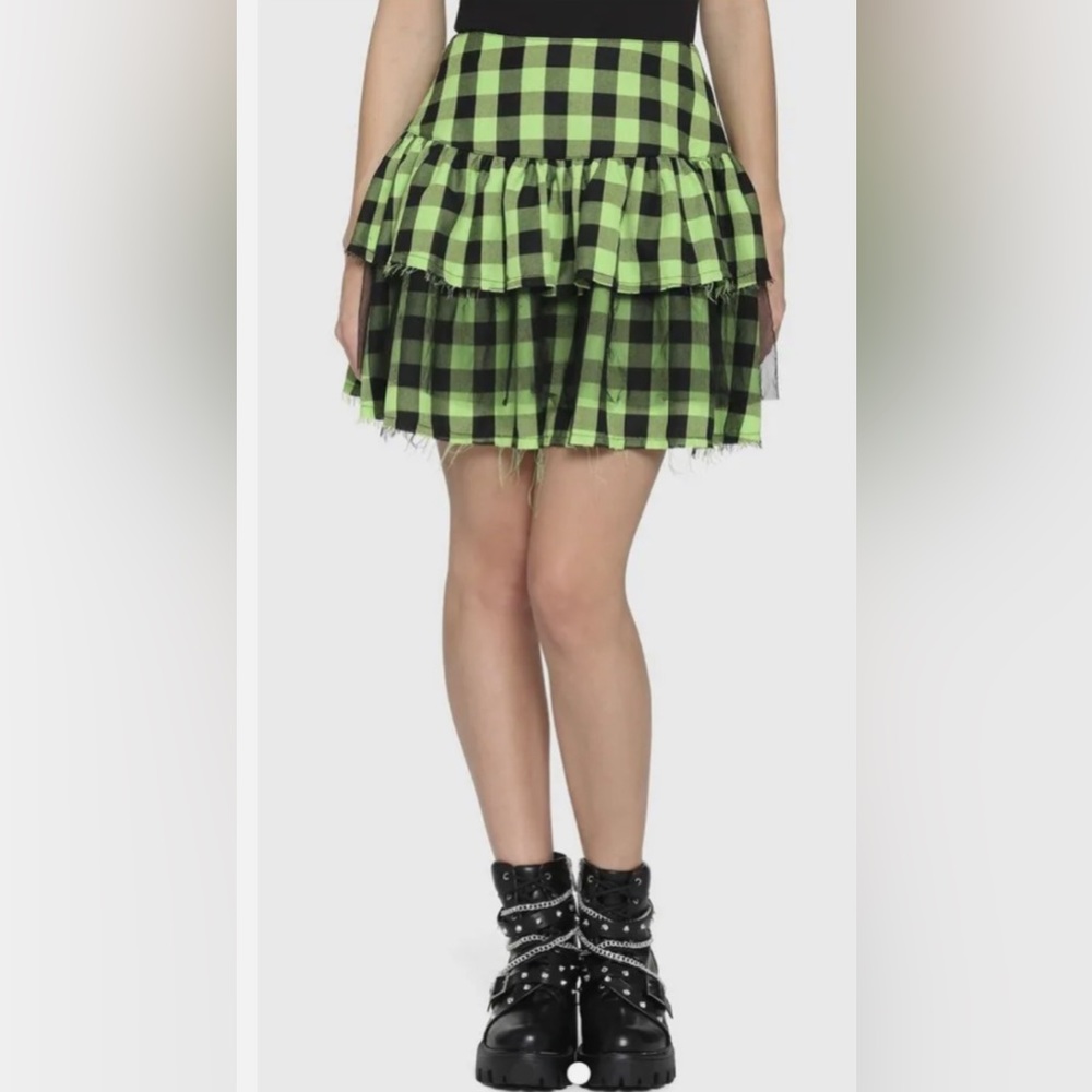 Hot Topic Plaid Pleated Skirt with Mesh Detail, Black/Neon Green, XS